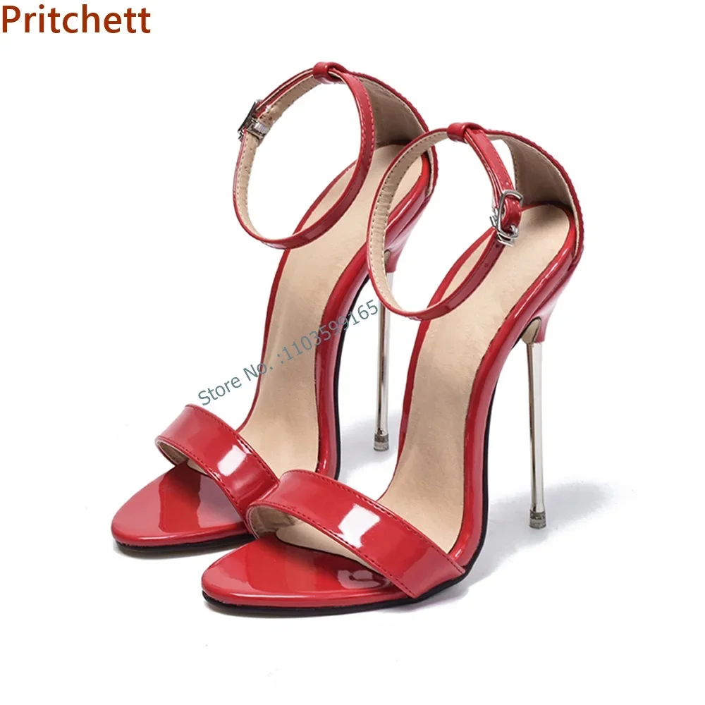 13 Cm Twist Thin Heel Sandals Pointy Toe Ankle Band Buckle Strap Metal Heel Solid Black Slingback Summer Women\'s Runway Shoes