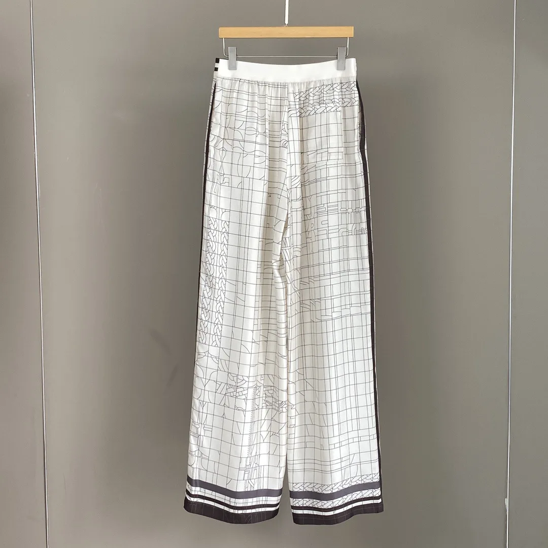 

Women's Spring Summer New Staggy Waist Printed Silk Fashion All-Match Straight Wide Leg Pants