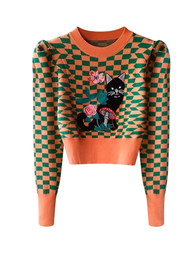 Pull en tricot à carreaux brodé chat de dessin animé pour femme, manches bouffantes, tricots à col rond, pull vintage, automne, hiver, 2023