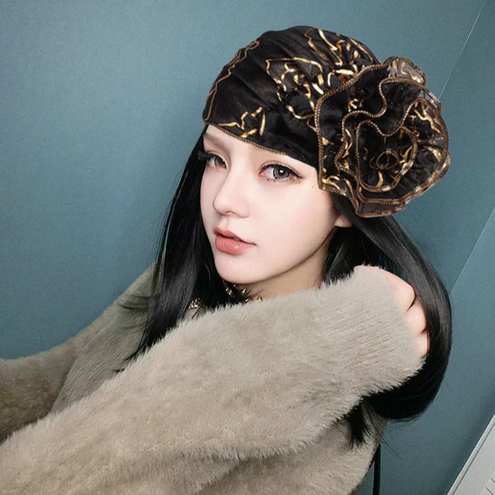 قبعات عمامة ملفوفة على شكل رأس زهرة الورد، قبعة نوم مرنة وناعمة من القطن من الداخل، شعر بتصميم أنثوي لامع وناعم