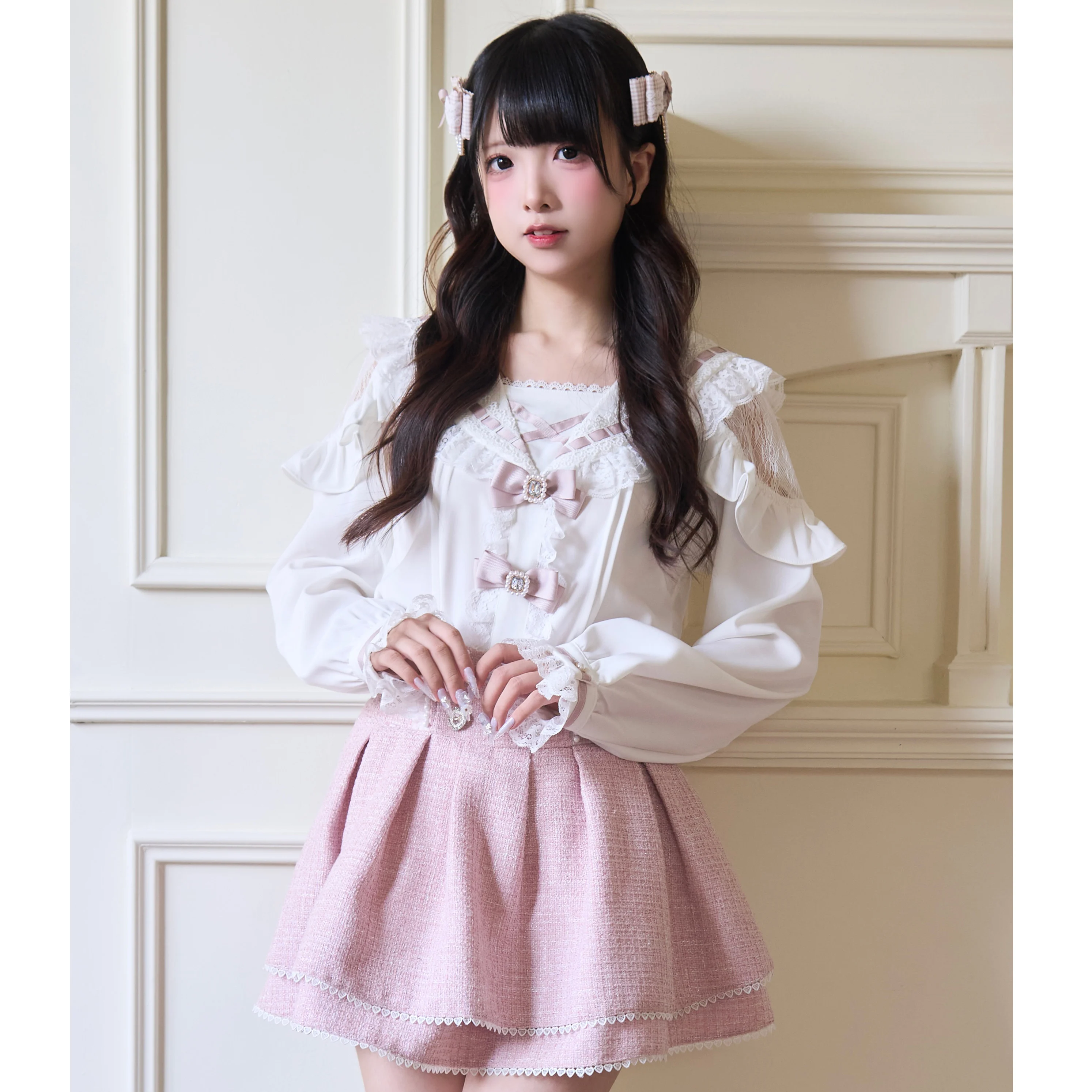 Original Japanese Mine Mass-produced Black Lolita Shirt Women's Sweet Cute Bow Lace Navy Collar Top Shirt + Skirt Set Spring New