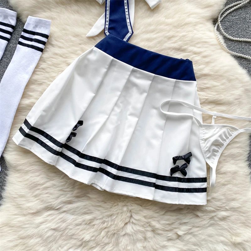 Women Sailor Collar Straps Short JK Uniform Sweet Erotic Student Suits Tops+Pleated Skirt Lingerie Fashion Sexy 4 Pieces Sets