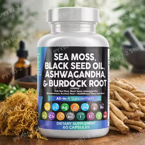 Sea Moss Capsules Contain Black Seed Turmeric &amp; Vitamin D Plant-Based Daily Mineral All in One Supplement 60 Count Per Bottle