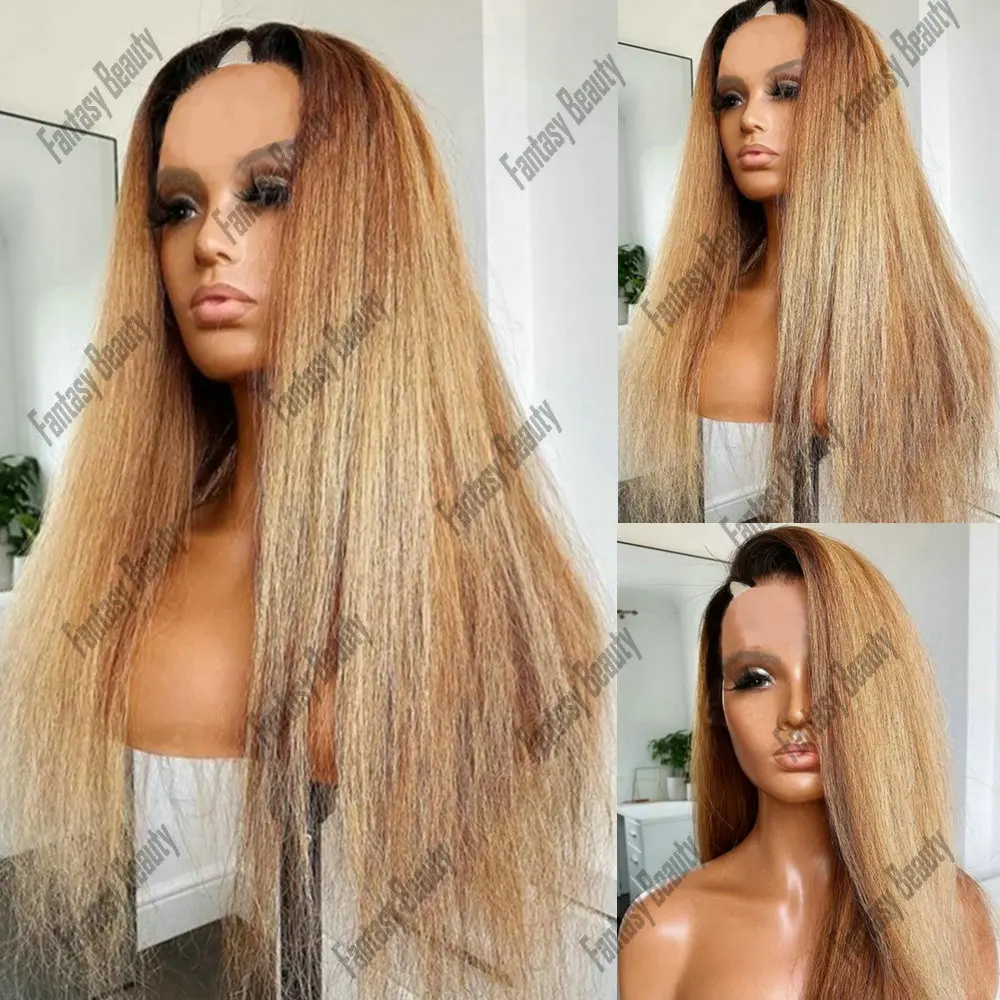 200 Density 26'' Ombre Blonde Yaki Straight V Part Wig Human Hair 1x4 Middle U Part Wigs for Women Glueless 100%Remy Indian Hair