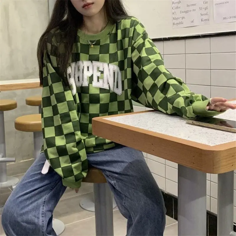 Sweatshirt High Quality Checkerboard Letter Print Hip Hop Women'S Loose Slimming Versatile Bottoming Top For Spring And Autumn