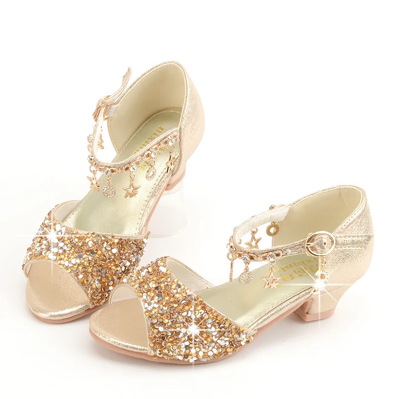 Summer Kids Princess Sandals Glitter Rhinestone Student Party Dance Performance Shoes Fashion Tassel Crystal Children High Heel