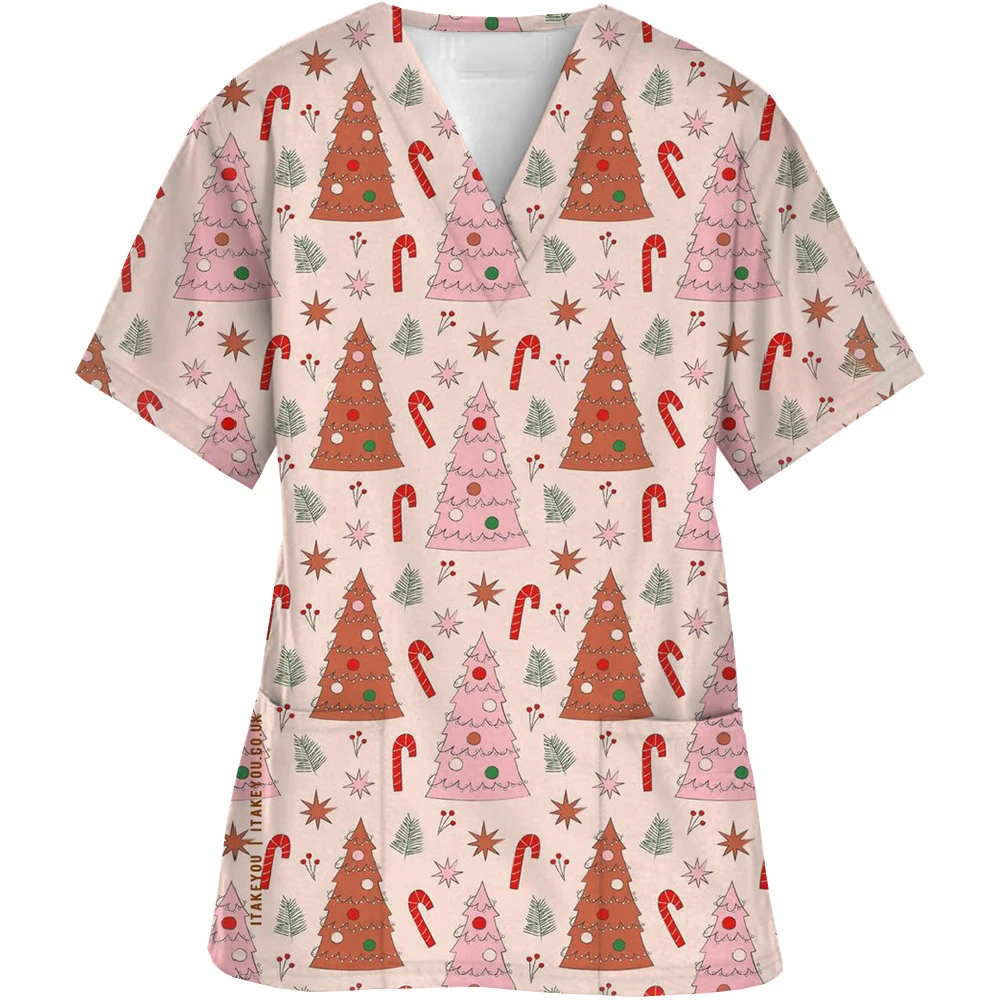 Nurse Uniforms Women Merry Christmas Print Short Sleeve V-Neck Scrubs Working Medical Blouse Overalls Uniforms Medical Nursing