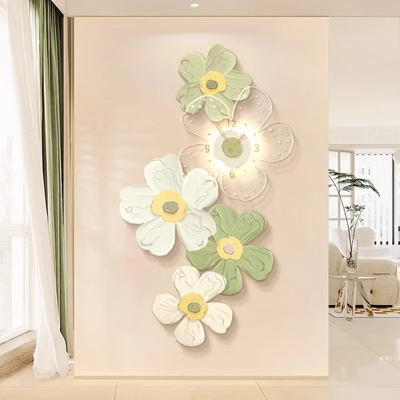 Creative Entrance Living Room Wall Clocks Flower Modeling LED Strip Luxury Aesthetic Wall Clocks Decorative Painting Home Decor