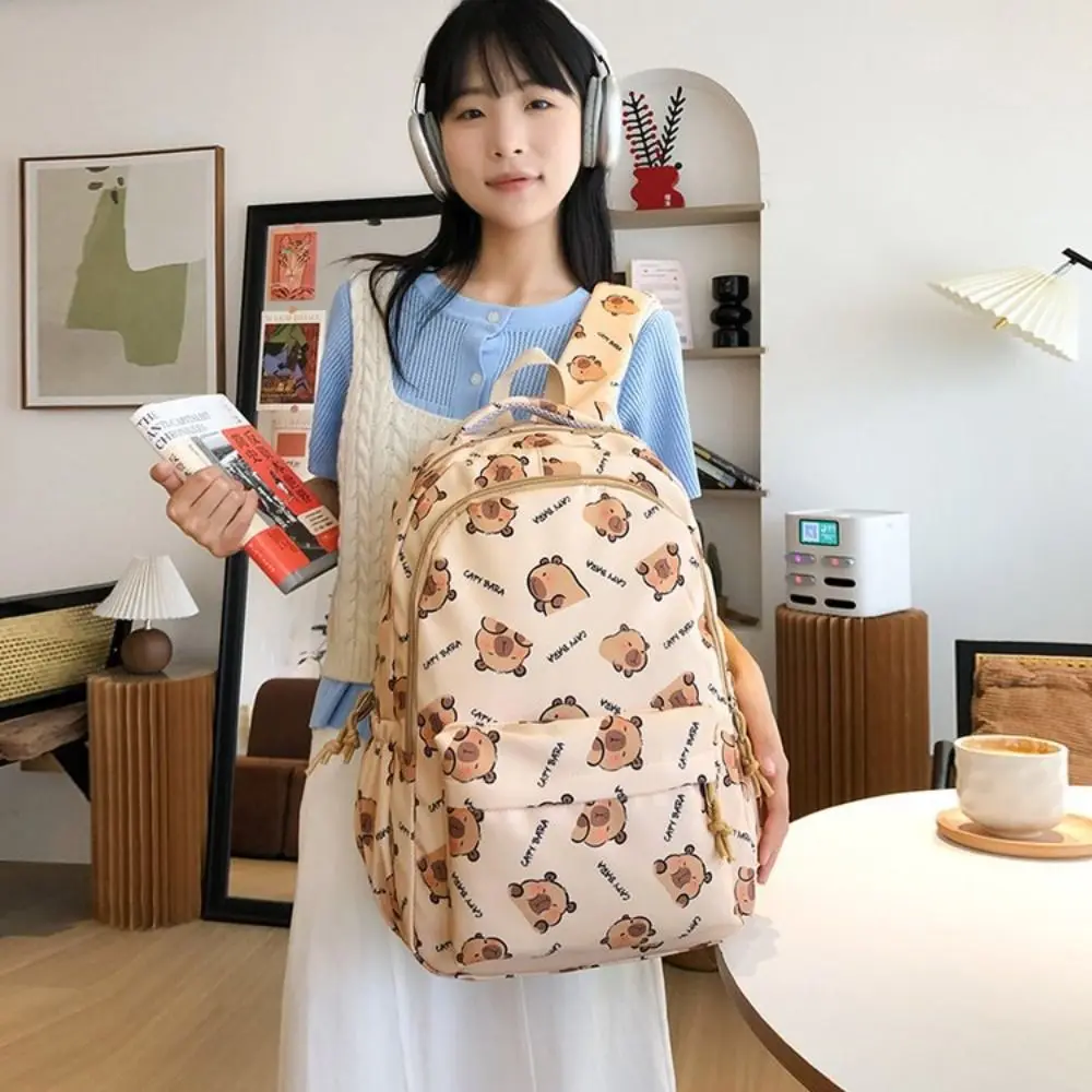 

Cute Large Capacity Capybara Backpack Animal Korean Style Capibara Shoulder Bag Zipper Nylon Cartoon School Bag