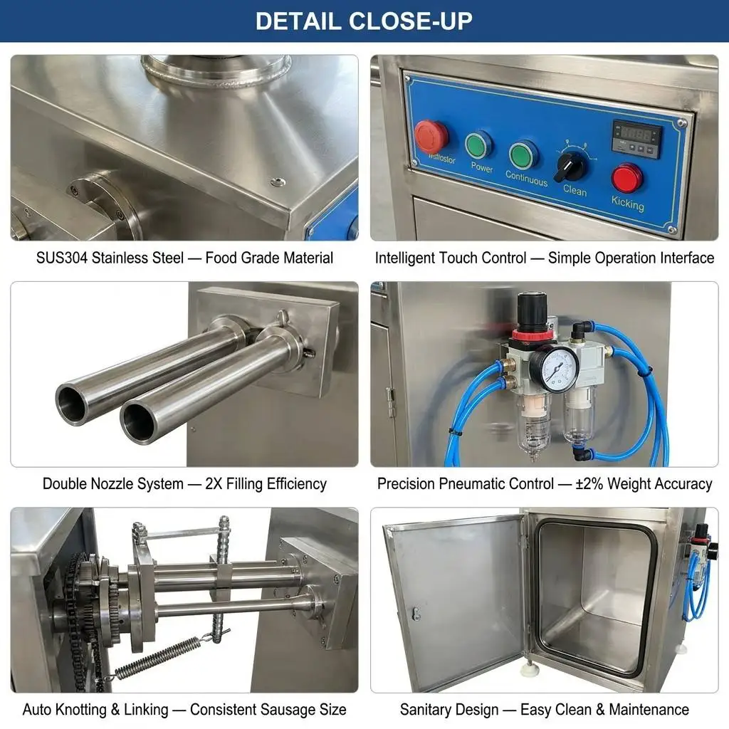 Pneumatic Quantitative Twist Ham Sausage Kink Filler Stuffing Stuffer Filling Knotting Tying Forming Making Machine