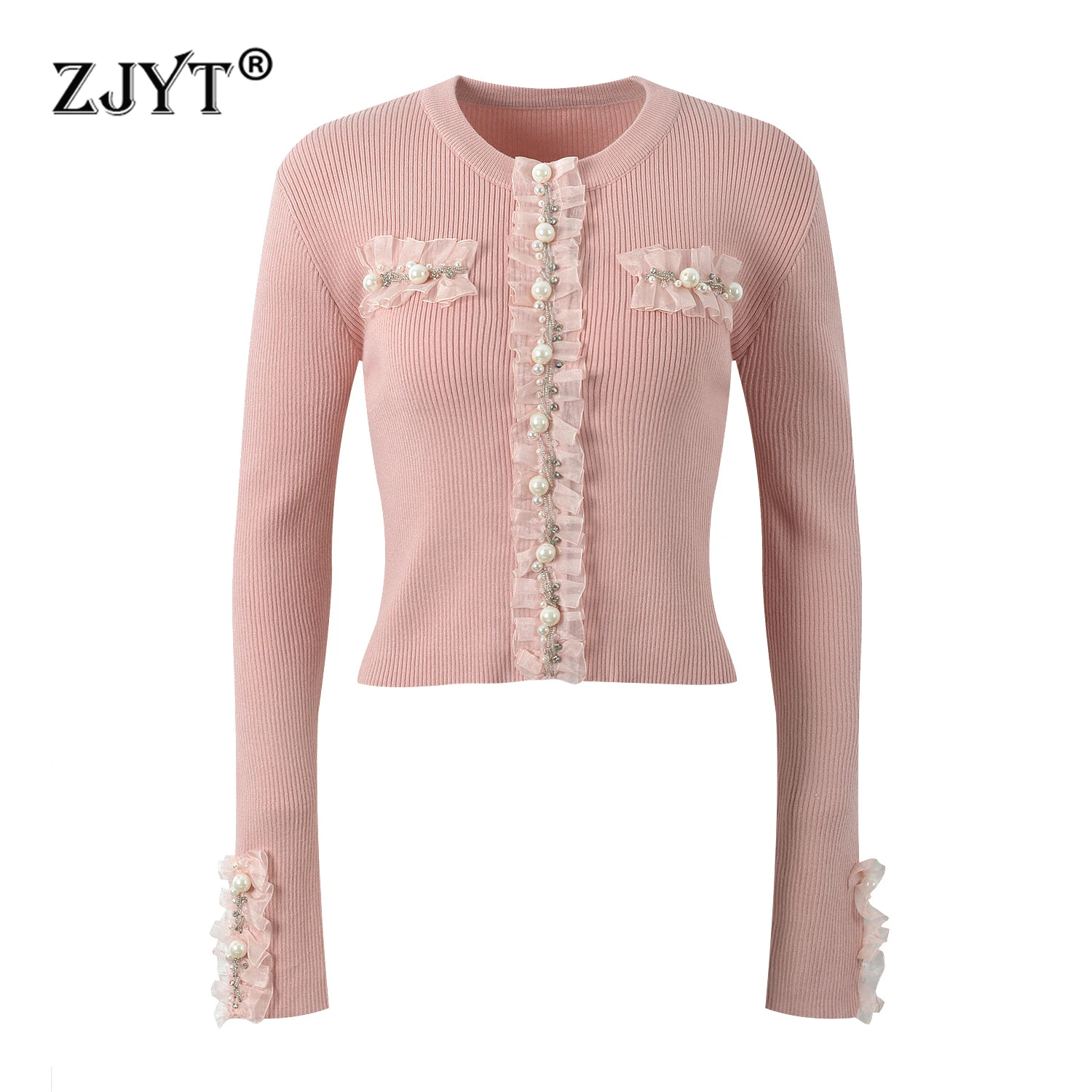 

ZJYT Elegant Women's Pearls Beading Sweaters Long Sleeve Pullovers Knitting Tops Autumn Winter 2024 New Fashion Female Jersey