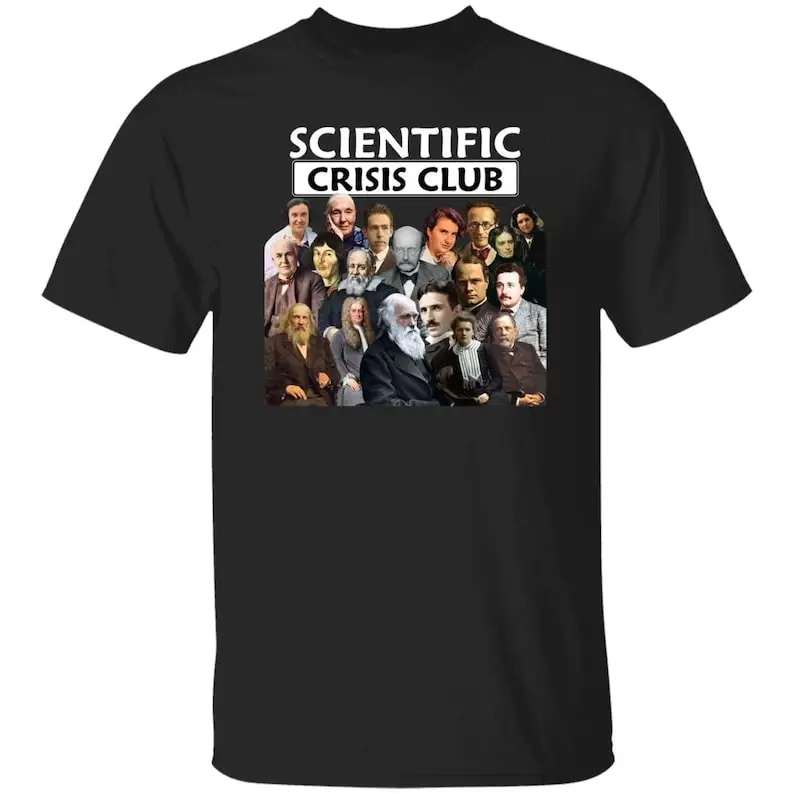 Camiseta do Clube de Crisis Científico, Camiseta Ciências, Cientistas Charles Darwin, Albert-Einstein, Madame Curie, Thomas Edison