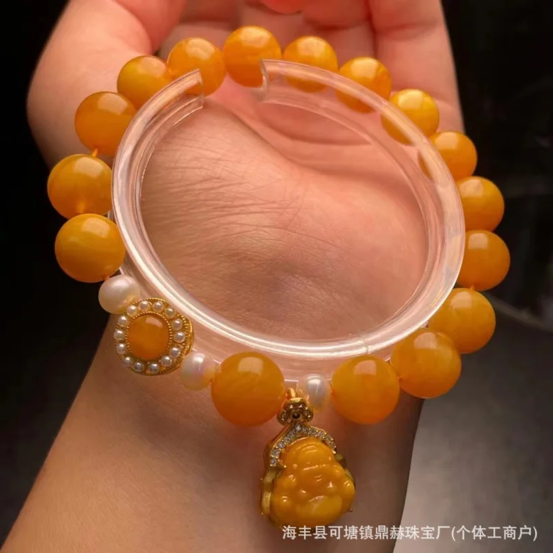 Factory Natural Old Wax with Pearl 925 Silver Inlaid Beeswax Buddha Design Bracelet