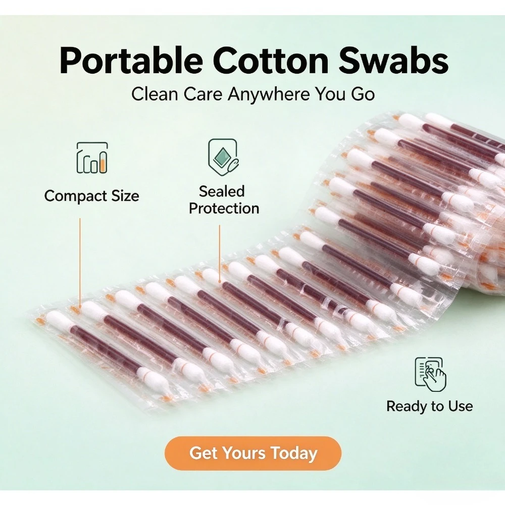 Iodine-disinfected disposable cotton swabs, 20pcs/100pcsstand-up packaging for wound care, travel and outdoor/home essentials,