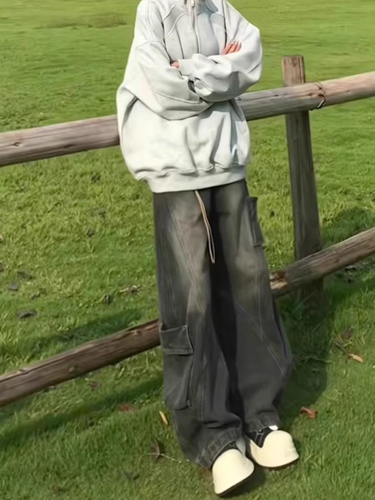 블라 아메리칸 하이 스트리트 아디언트 나이프 오버사이즈 힙합 슬레 남성 데님 진 캐주얼 와이드 레그 팬츠 워크웨어