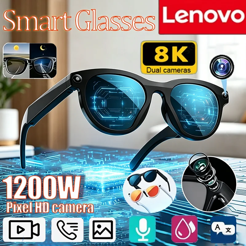 Lunettes Intelligentes Lenovo 2026 8K AI HD à Changement de Couleur, Chat GPT, Caméra de Traduction 1200MP, Appel Bluetooth, Assistant Vocal, Contrôle Musical