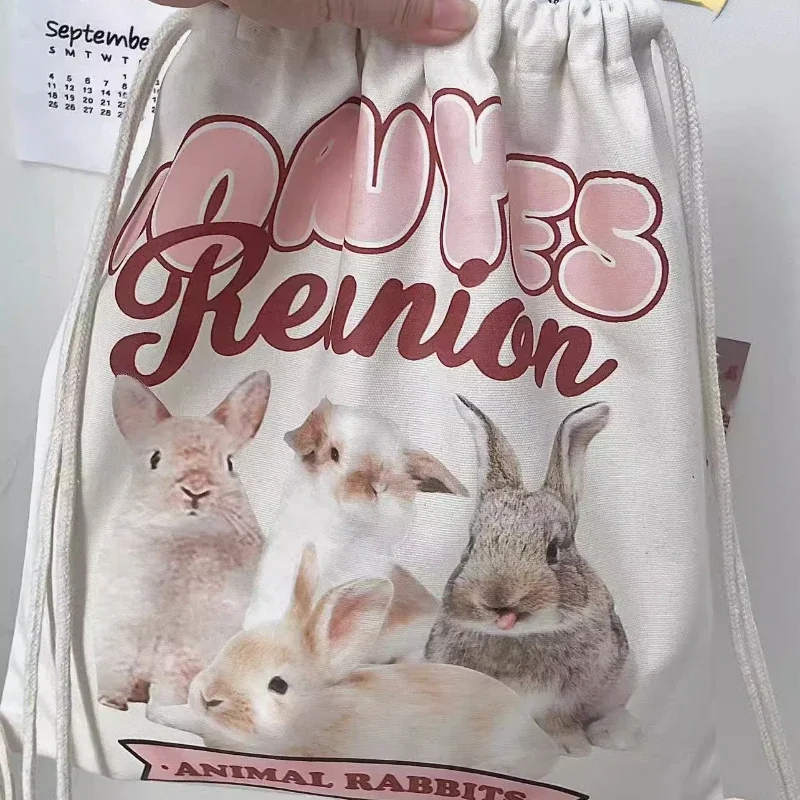 Japanese Sweet Rabbit Print Canvas Bags Fashion Preppy Y2k Aesthetic Students Backpacks All Match Kawaii Drawstring Schoolbags