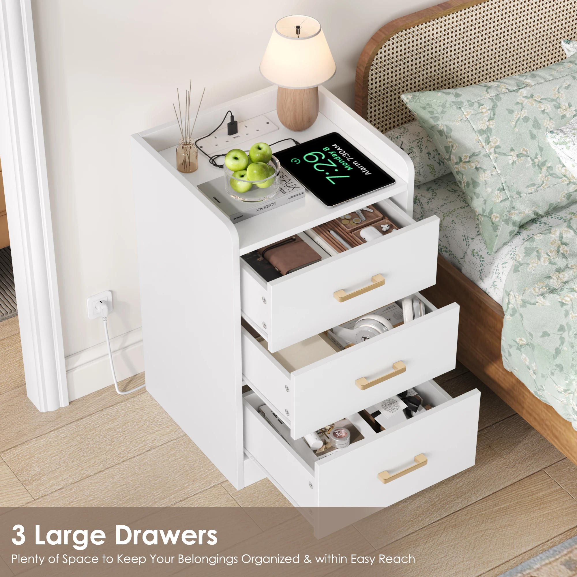 طاولة بجانب السرير من Getone مع قاعدة شحن، طاولة جانبية مع 3 أدراج، منضدة، 2 منفذ تيار متردد، 2 USB أبيض/أسود #3