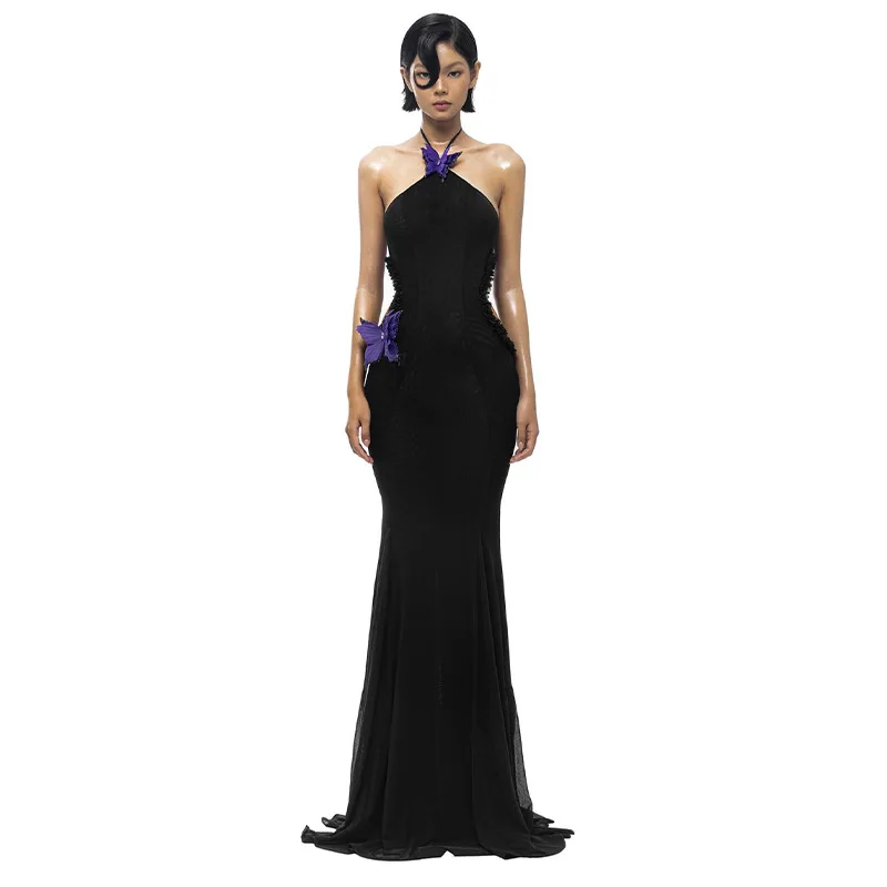 

2025 Sexy Temperament One Word Shoulder Neck Butterfly Decoration Slim Holiday Dress Women