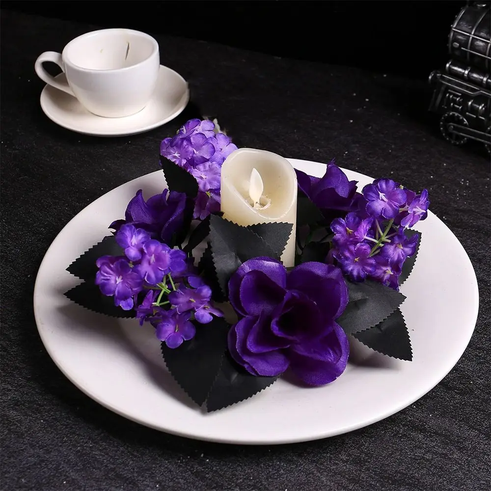 

Purple Halloween Candlestick Wreath Spooky with Leaves Table Candle Holders Realistic Artificial Rose Flowers Dining Table