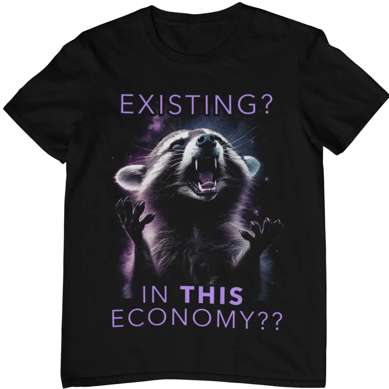 T-shirt en coton décontracté avec motif de raton laveur sarcaste et amusant, style vintage délavé, doux, streetwear, respirant et élégant, pour l'économie actuelle