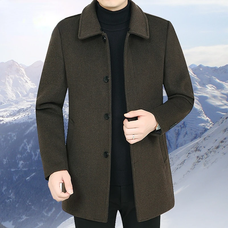 Men Autumn Winter Button Up Woolen Down Jacket Oversize Detachable Faux Fur Collar Blend Coat Warm Thick Wool Overcoat 4xl 5xl