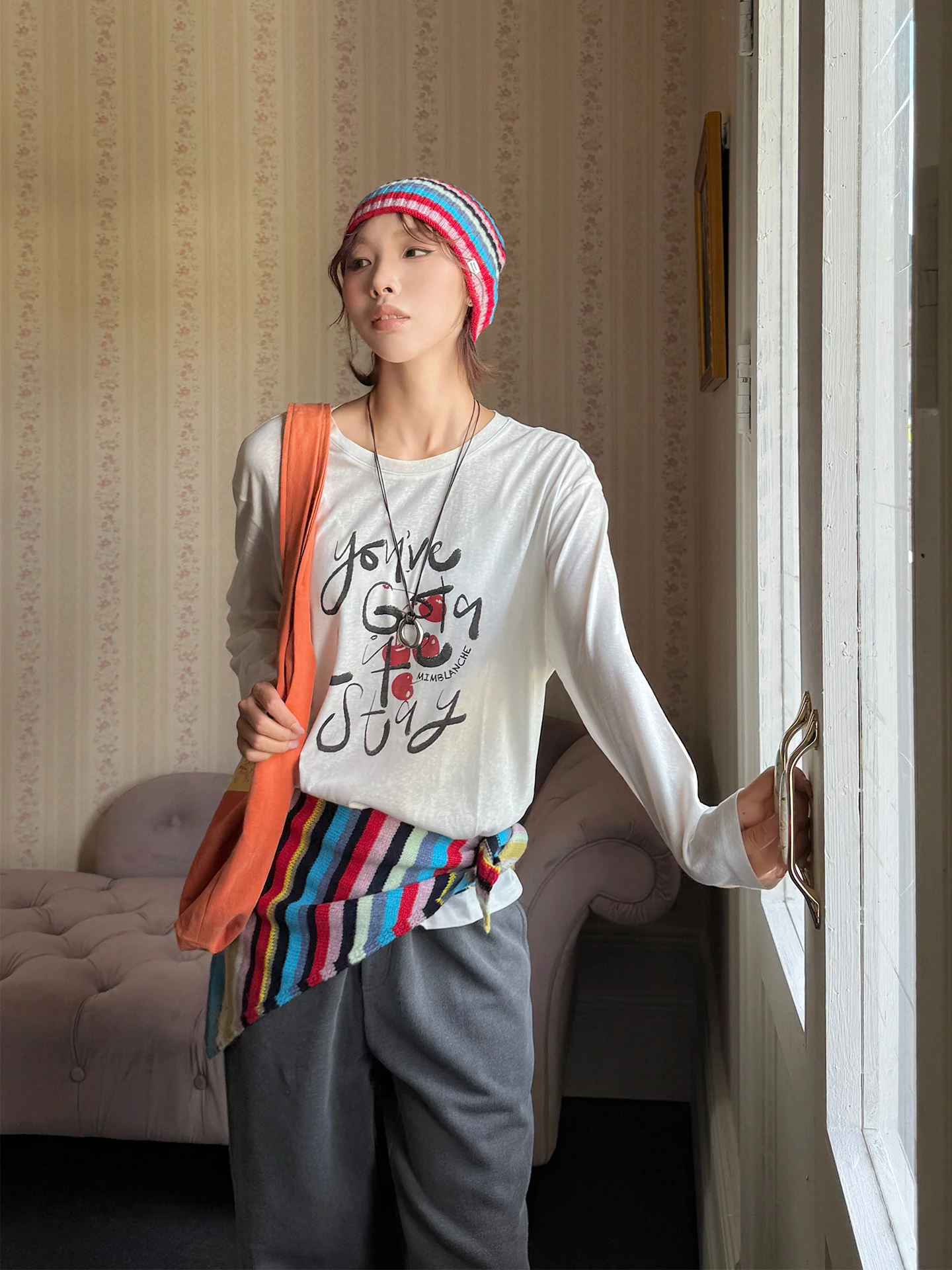 

MIMBLANCHE Brand Long Sve T-irt Letter Print Cherry Pattern Hand-Pied Store Women's Loose Fit Polyester Blend