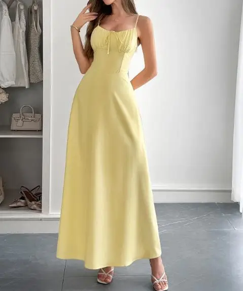 

2026 Summer Women's Vacation Tourism Style Waist Strap Solid Color Dress Temperament Commuting Female Fashion A Line Dresses