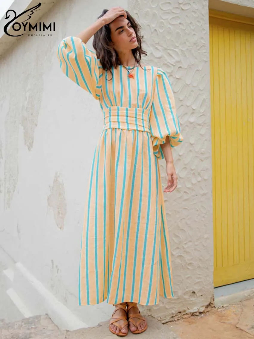 

Oymimi Fashion Orange Striped Print Womens Dresses Elegant O-Neck Lantern Sleeve Dresses Casual High Waisted Ankle-Length Dress