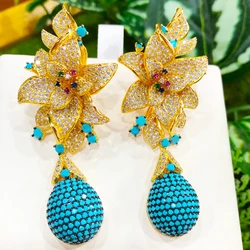 Missvikki Luxury Long Flower Drop Earrings Crossover Women Girl Party Daily Fashion Micro Cubic Zirconia Pave Super Jewelry Gift