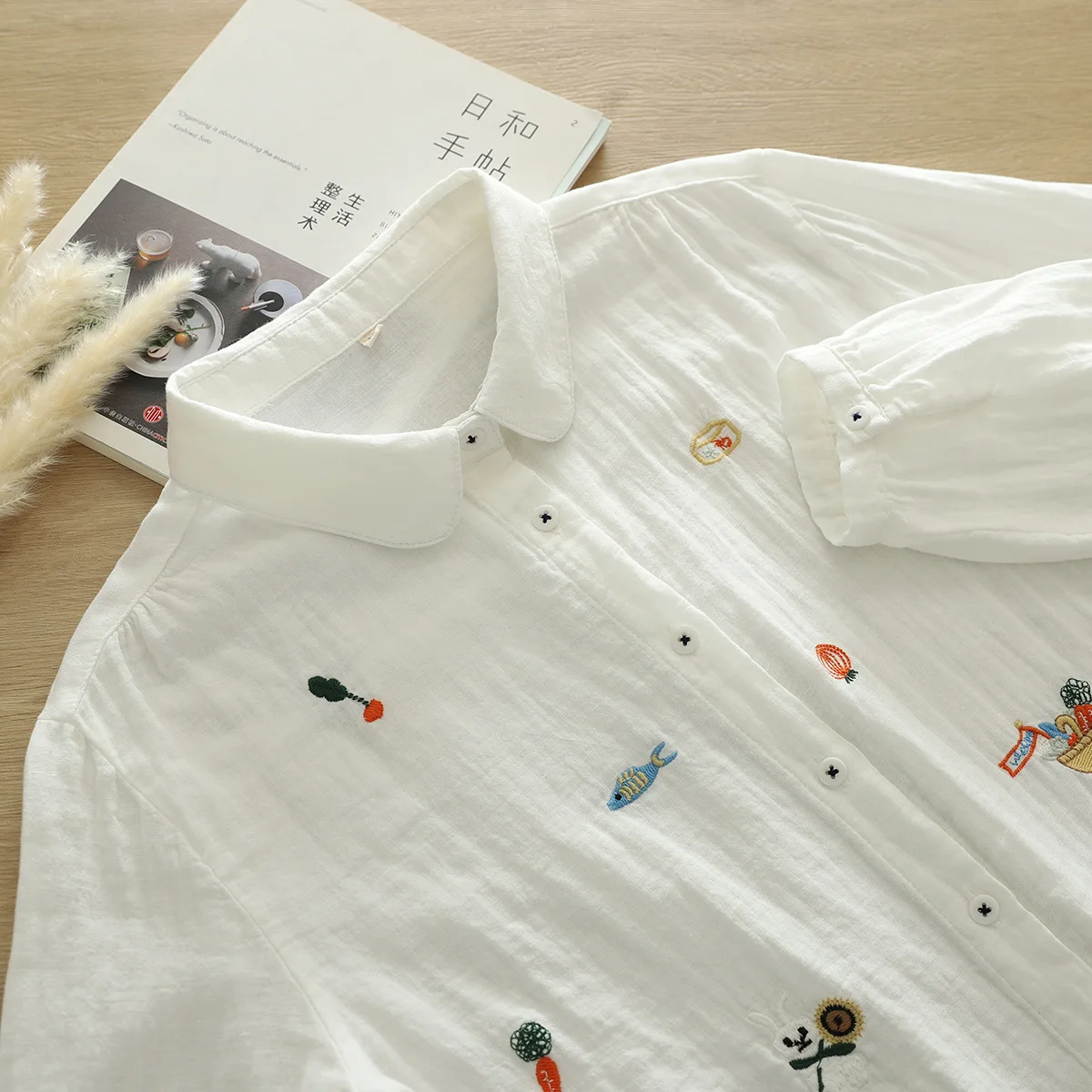 Japanese Sweet Mori Girl Flower Embroidery Double Layer Cotton Shirts Women Spring Turn Down Collar Long Sleeve Casual Blouse