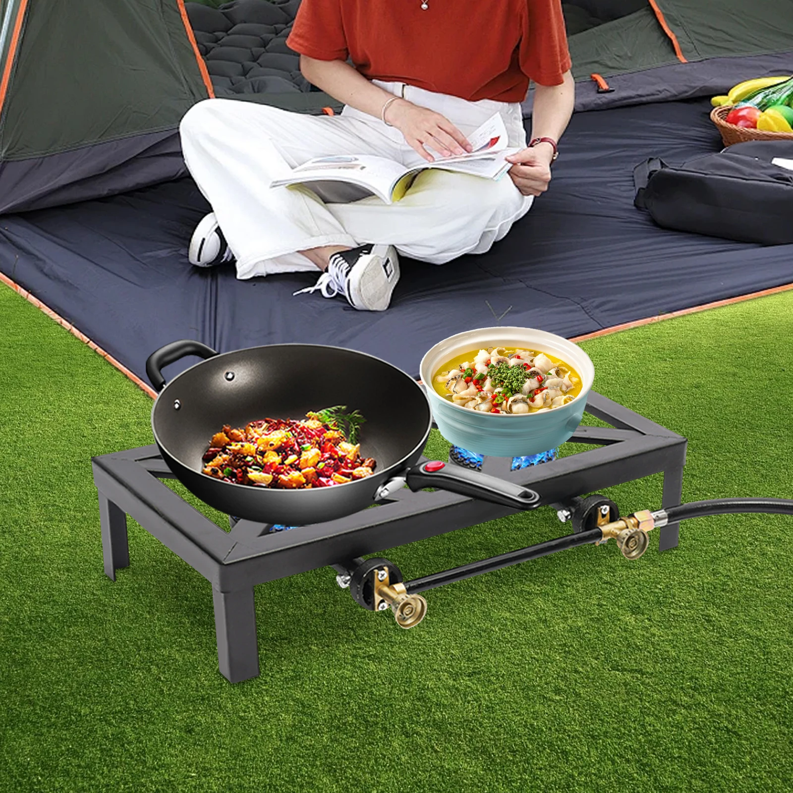 Estufa de Gas portátil de doble quemador para exteriores, cocina de propano con manguera reguladora ajustable de 0-10Psi para Patio, Camping, barbacoa, hogar