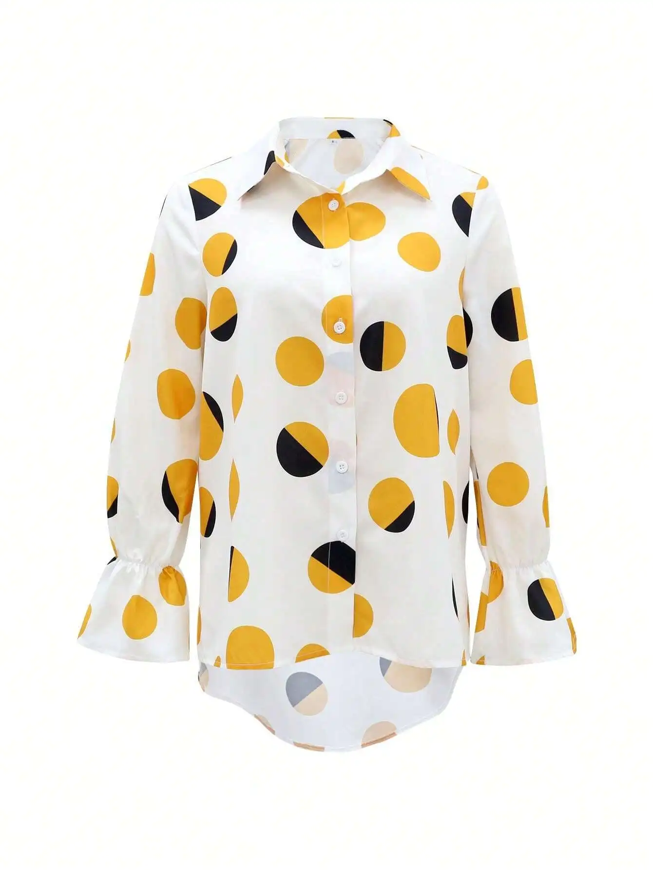 

Loose Fit Polka Dot Long Sleeve Ruffle Hem Asymmetric Shirt