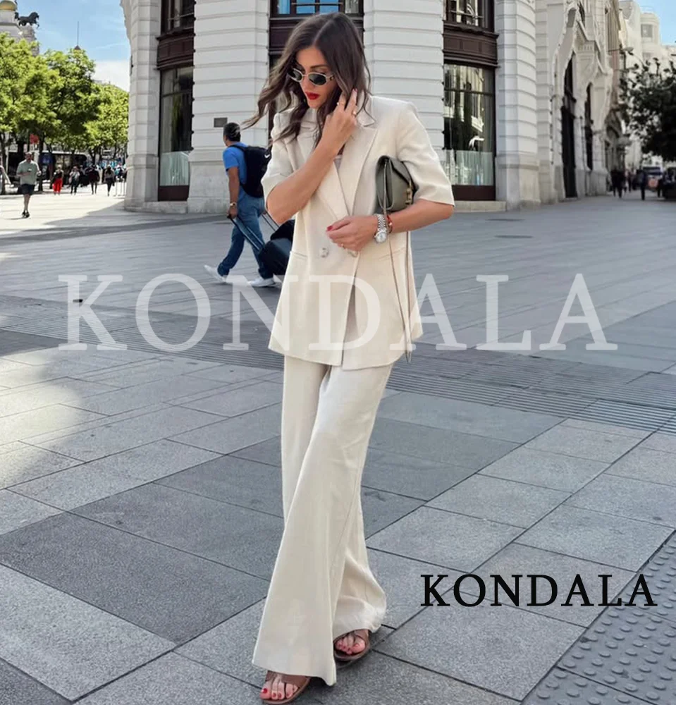 KONDALA Women Trendy Commute Pants Suit 2026 Summer Elegant Leisure Short Sleeved Double-Breasted Blazer,Long Pants Female Set