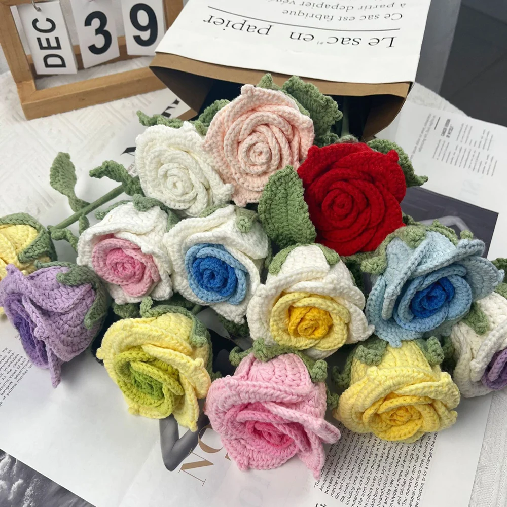 Fatto a mano thailandia Rose Flower Branch Bouquet Flower Wool Crochet Flower Bouquet regalo per la casa vaso decorazione di nozze all'ingrosso