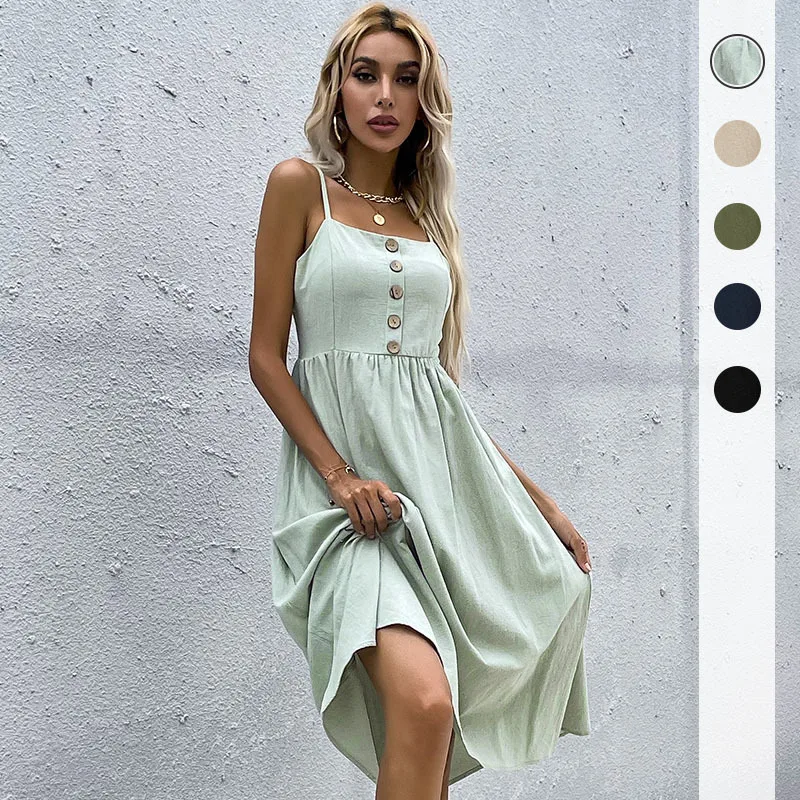 

Summer Halter Dress Slim Solid Color Cotton Linen Dresses Comfortable and Elegant Casual Sleeveless Casual Dresses for Lady