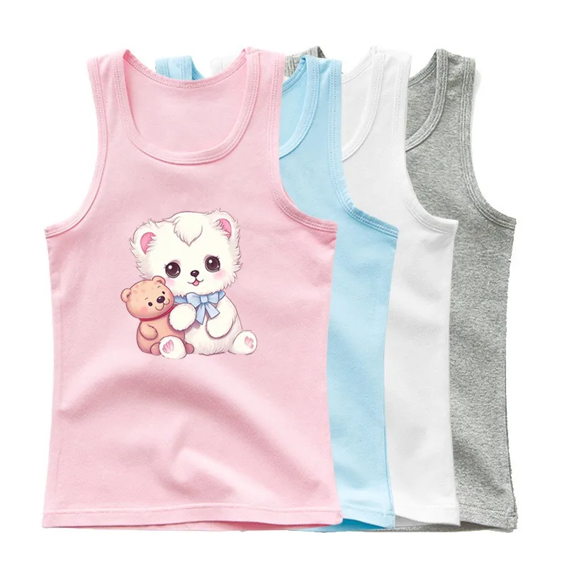 2024 Summer Girls Sleeveless T-shirt Sports Undershirts Kids Cartoon Singlet Children Cute Dog Print Tank Tops