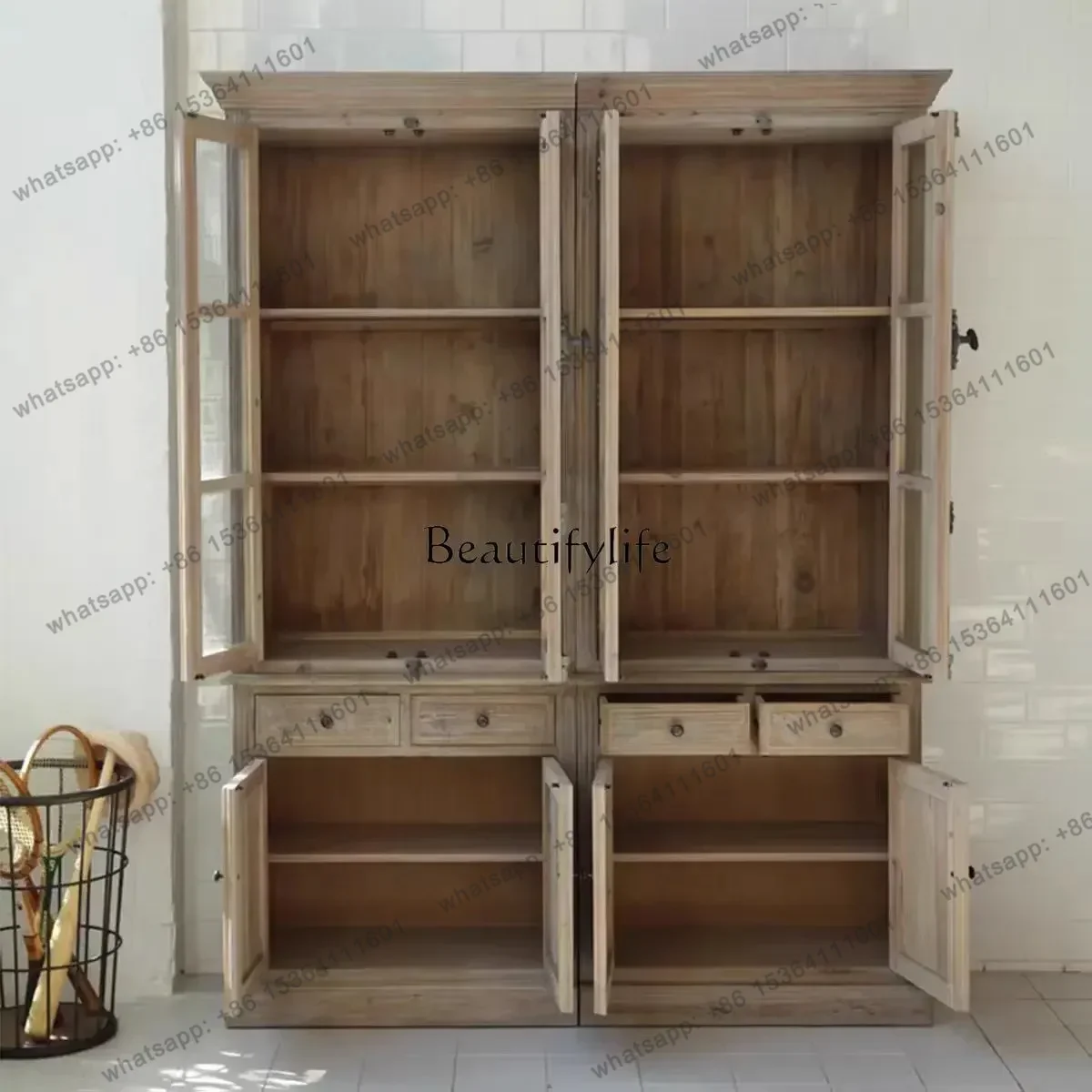 Best Seller American Style Solid Wood Bookcase Combination French Retro Oak Bookshelf With Locking Storage Cabinet