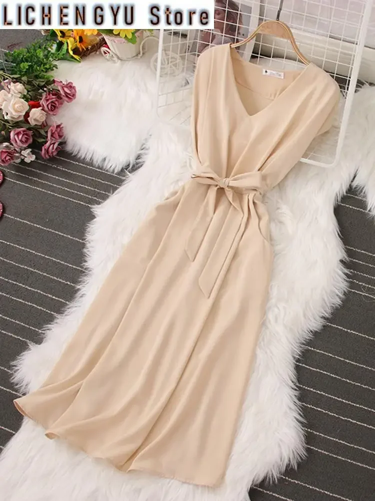 

French Stylish Solid Color V-neck Dresse Women Elegant Retract Waist Pleated Lace-up Pocket Vestido Tide Summer