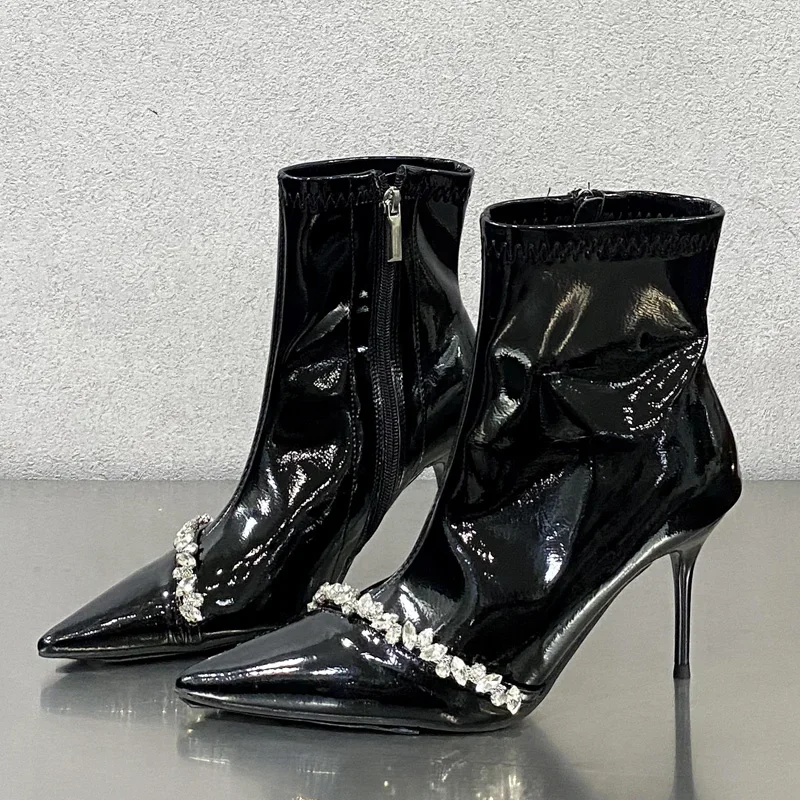 Aneikeh Fashion Black Ankle Booties Pointed Toe Crystal Rhinestone Side Zip Thin Stiletto Heel Ladies Wedding Prom Dress Boots
