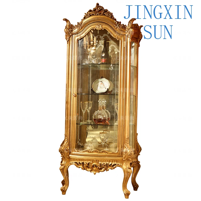European Single-Door Wine Cabinet for Villa Living Room Home Bar Storage Display Cabinet Solid Wood Old Style Golden