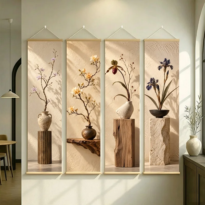 Wall Art Preserved Paphiopedilum and Preserved Dendrobium, Wabi-Sabi Silver Shimmer Canvas Hanging Scroll for Boutique Hotel