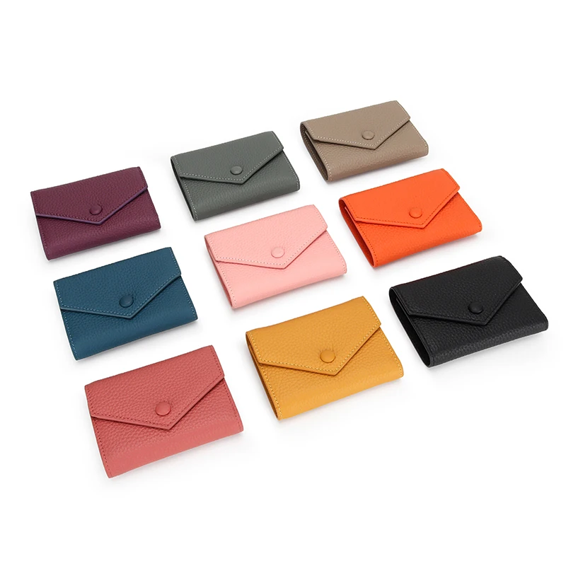 Portefeuille court en cuir de vache véritable pour femme, fermeture à bouton-pression, enveloppe simple, porte-cartes, porte-monnaie, 100% cuir de vache