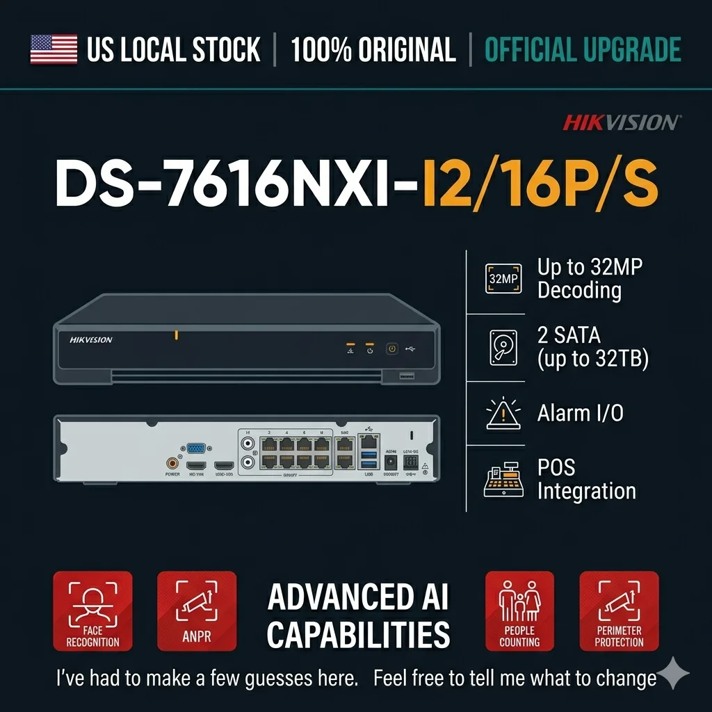 Hikvision DS-7616NXI-I2/16P/S 16CH AcuSense AI Surveillance NVR 16 PoE 4K Remote Monitoring 8MP Business Security Video Recorder