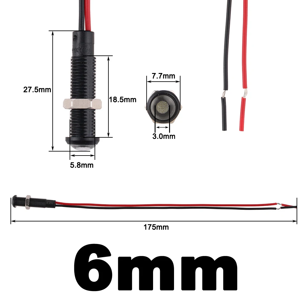 1/5 pces 6/8/10/12mm luz indicadora led plástico preto sinal ponto lâmpada vermelho amarelo âmbar azul verde branco 3v5v6v12v24v110v220v
