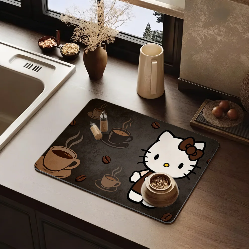

Vintage Brown Coffee Cup Hello Kitty Table Mat Non-Slip Rubber Base Washable Cloth Cute Decorative Placemat