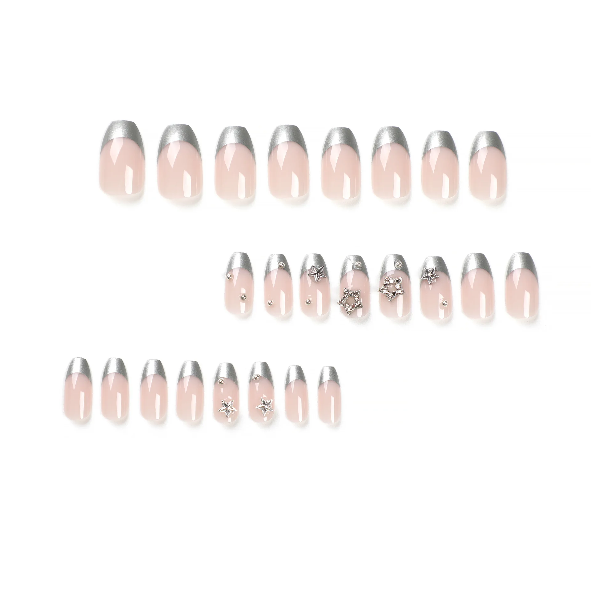 24Pcs Ballet Nails Of Medium Length, Modern Silver French, Stars Adorned With Glossy Beads, And Small Langston Crystal Nails Cov