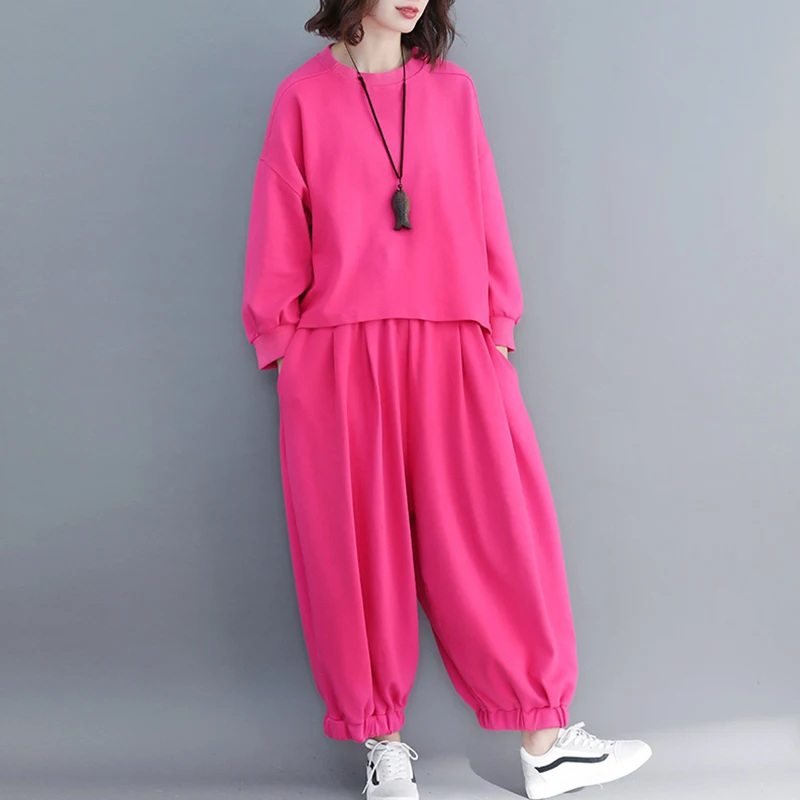 

Loose Fit Long Sve round Ne T-irt And Lantern Pants Women's Faion Set Autumn Pure Color Two-Piece Cotton Ensemble