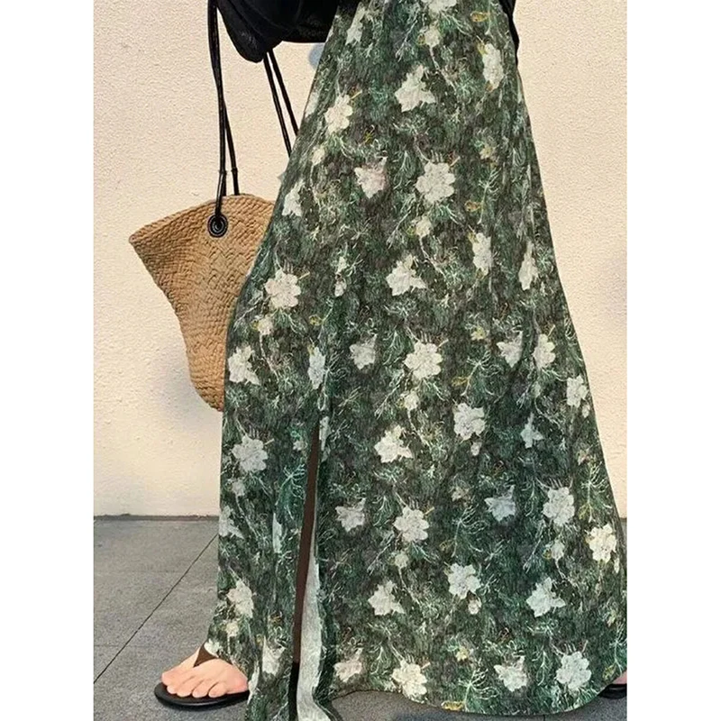 Summer Sweet Chiffon Floral Skirt Women Vintage Elegant High Waisted Skirt Beach Vacation Side Slit Midi Skirt New