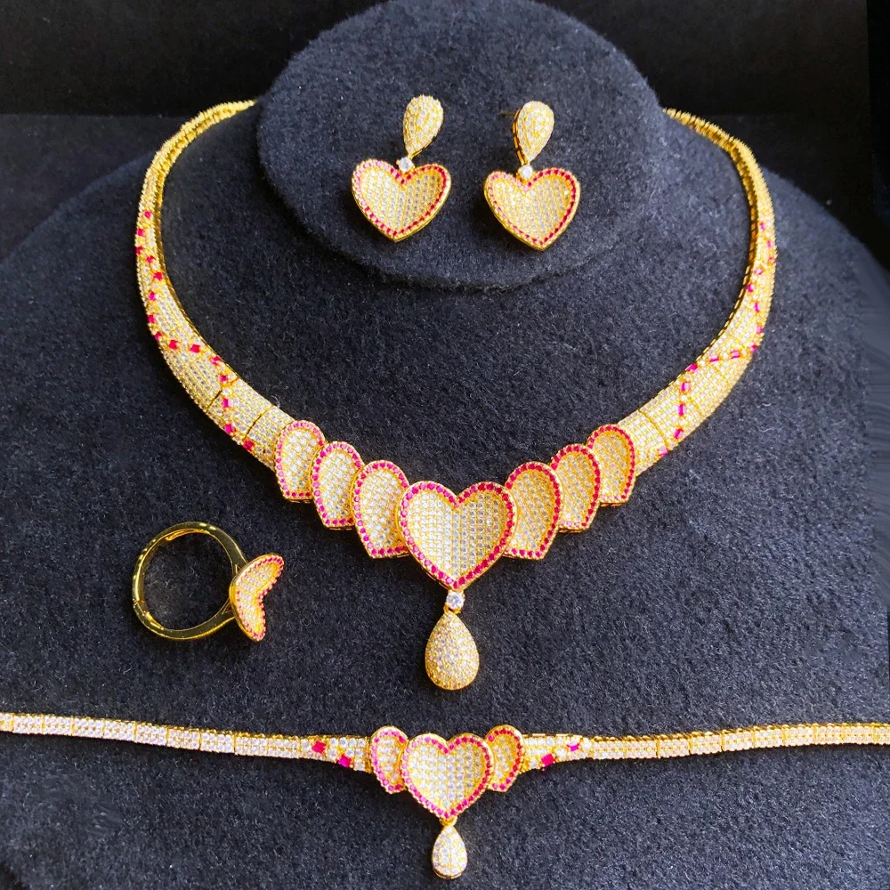

Soramoore Luxury Cute Heart Drop Necklace Earrings Bangle Ring Set For Women Cubic Zircon Pave Party Wedding Saudi Arabic Dubai